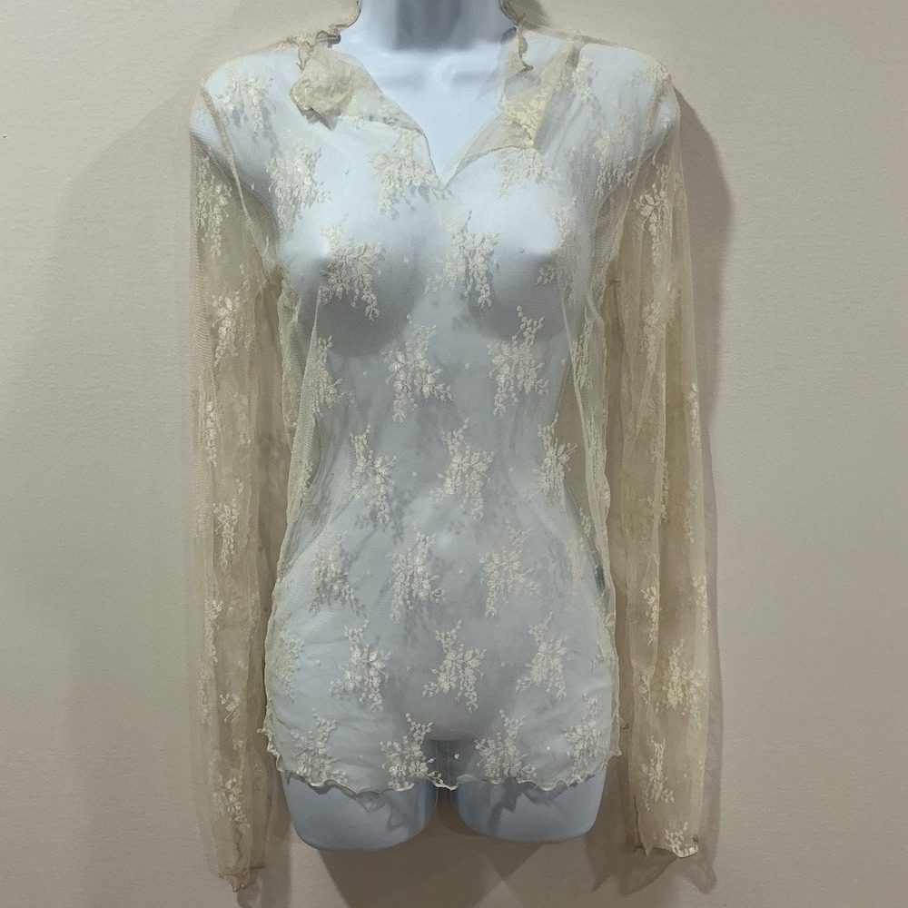 By Together Whimsigoth Sheer Floral Mesh‎ Top Size L Ivory Lace Fairy Angel
